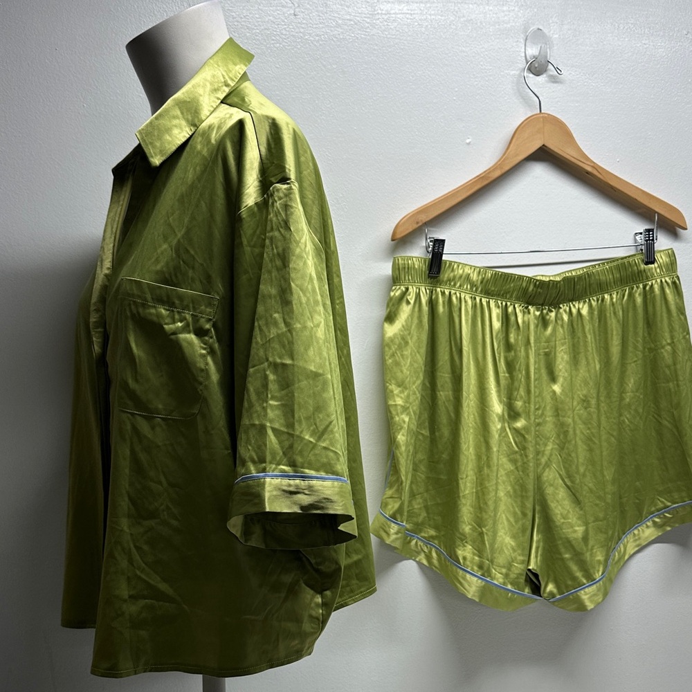 Parade Pajamas Set Satin Silky 2 Piece Loungewear Short Sleeve Shorts Green XL - Picture 6 of 8